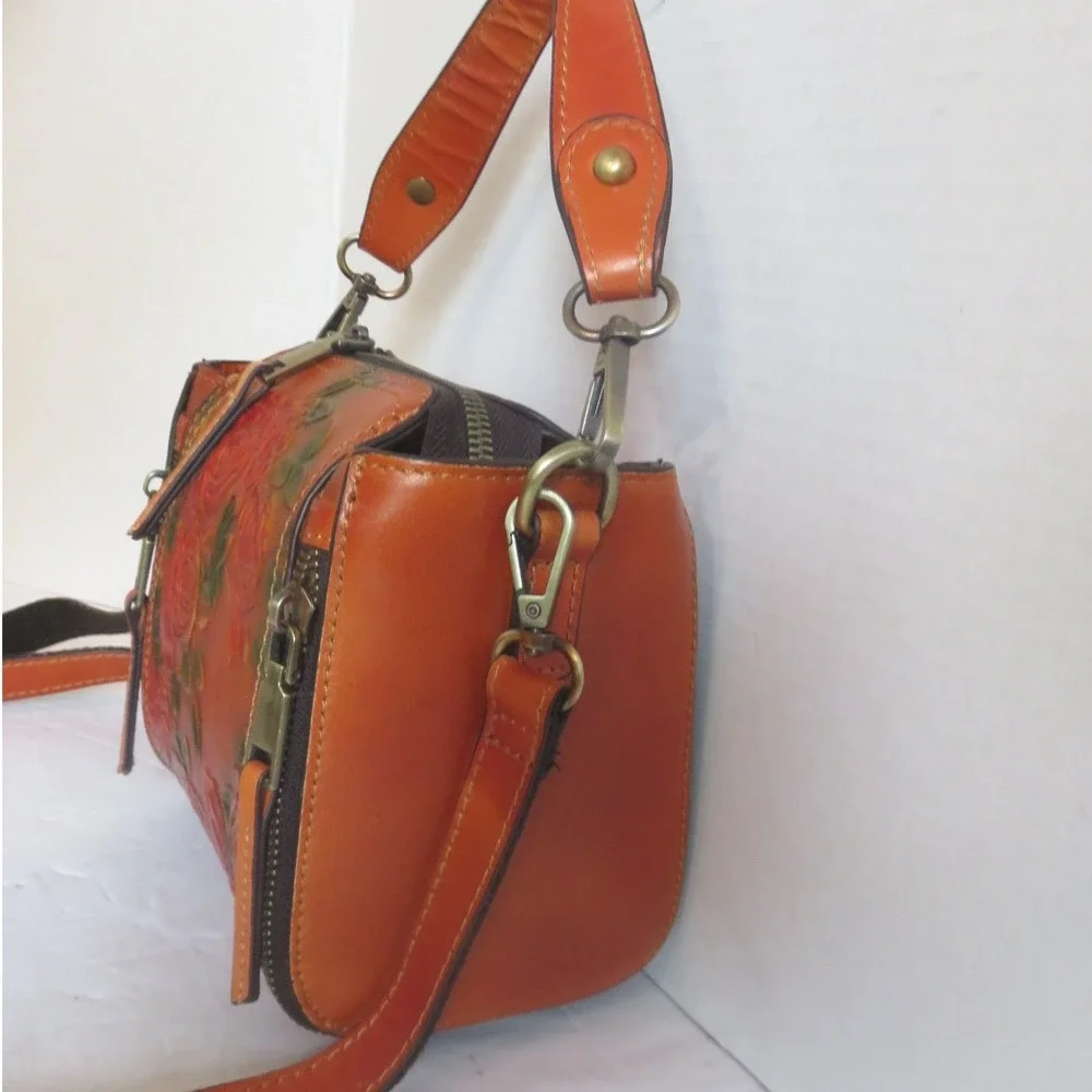 Vintage Style Orange Embossed‎ Floral Rose PU Leather Crossbody Handbag Purse